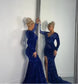 Glitter Royal Blue Prom Dress 2025 Black Girls Split Long Sleeves Crystal Gems Bead Luxury Birthday Party Gown Customized