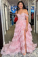 Pretty A-Line Off The Shoulder Pink Lace Slit Long Prom Dresses Formal Evening Dress