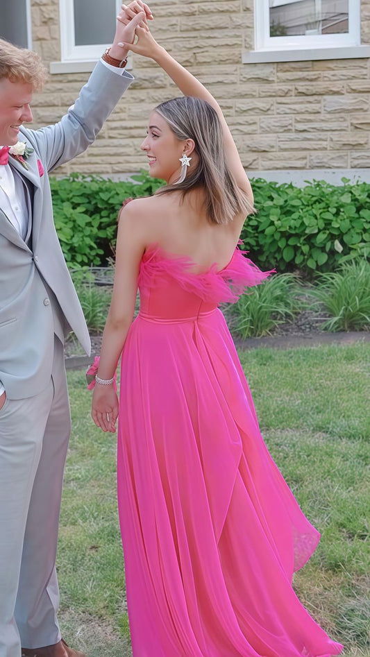 Fuchsia Strapless A-line Tulle Prom Dress, Feather Senior Party Dress