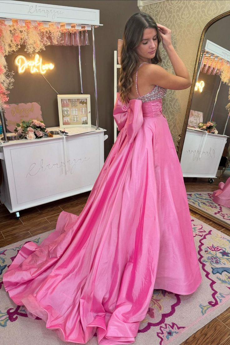 Beaded Pink Satin A-line Long Formal Dress with Bow