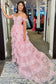 Pretty A-Line Off The Shoulder Pink Lace Slit Long Prom Dresses Formal Evening Dress