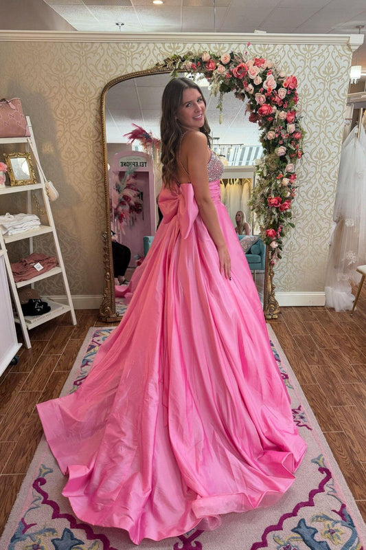 Beaded Pink Satin A-line Long Formal Dress with Bow