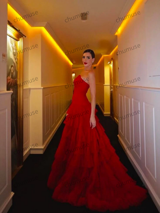 Red Sleeveless Tube Top Ball Gown Floor-Length Gown Prom Dress