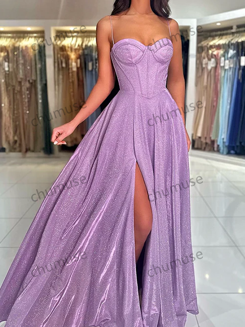 Purple Graduation Prom Dress Satin Slit Floor Length Skirt Formal Dress