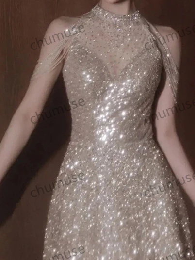 Gold Neck Sleeveless Sequined Diamond A-shaped Floor Skirt Prom Dress