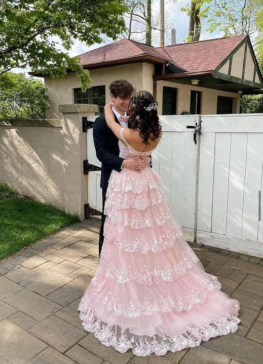 Pretty A-Line Off The Shoulder Pink Lace Slit Long Prom Dresses Formal Evening Dress