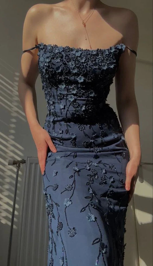 Dark Blue Floral Mermaid Bodycon Long Prom Dress