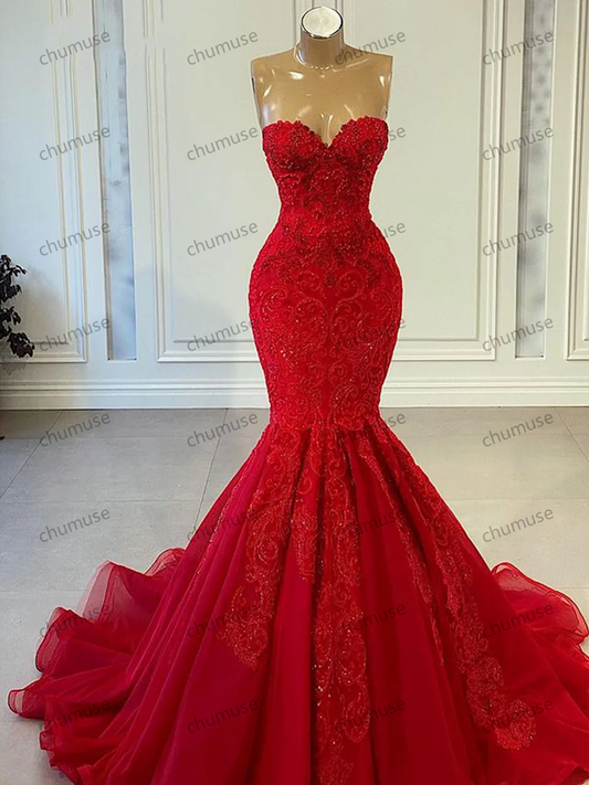 Sexy Mermaid Sweetheart Luxury Beaded Applique African Women Red Long Evening Dresses Party Gowns