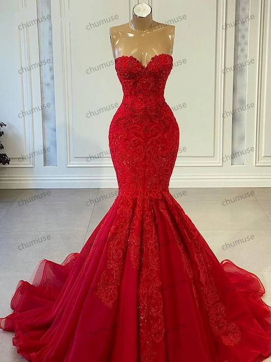 Sexy Mermaid Sweetheart Luxury Beaded Applique African Women Red Long Evening Dresses Party Gowns