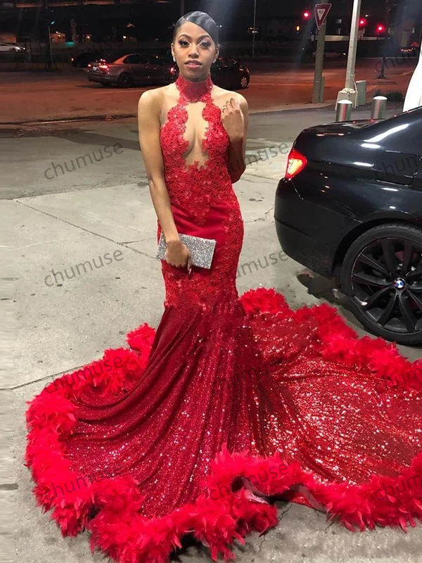 Bling Red Evening Dresses Feather Sequins Lace Appliques Sleeveless Glitter Formal Prom Party Gowns Custom Made