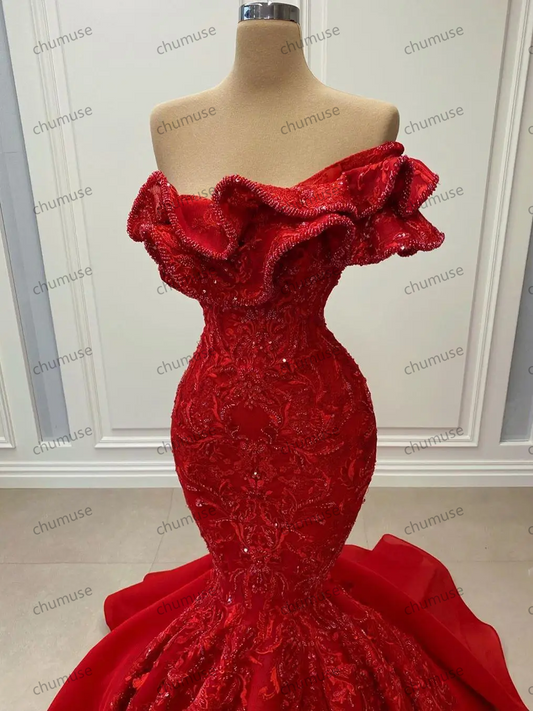 One Shoulder Mermaid Sexy Evening Dresses Lace Beaded Vintage Prom Formal Party Gown Red Customized