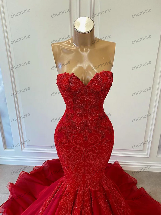 Sexy Mermaid Sweetheart Luxury Beaded Applique African Women Red Long Evening Dresses Party Gowns