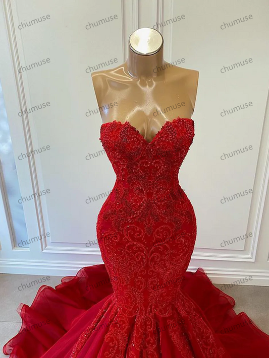 Sexy Mermaid Sweetheart Luxury Beaded Applique African Women Red Long Evening Dresses Party Gowns