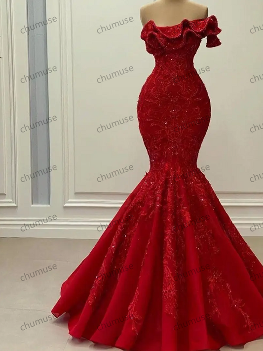 One Shoulder Mermaid Sexy Evening Dresses Lace Beaded Vintage Prom Formal Party Gown Red Customized