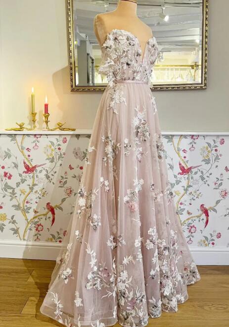 Sweetheart Flowers Long Prom Dress 2024 off the shoudler gown