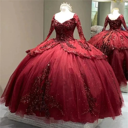 Glittering Burgundy Long Sleeves Princess Quinceanera Dresses Vestidos De 15 Anos Lace Sweet 16 Ball Gown Birthday Party Gown