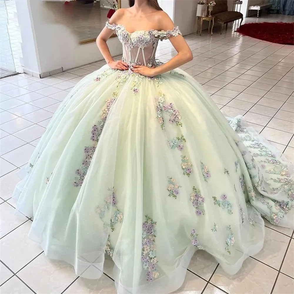 15 Quinceanera Dresses Ball Gown New Sweet Flower Party Dress Classic Off The Shoulder Birthday Gown Graduation Dress