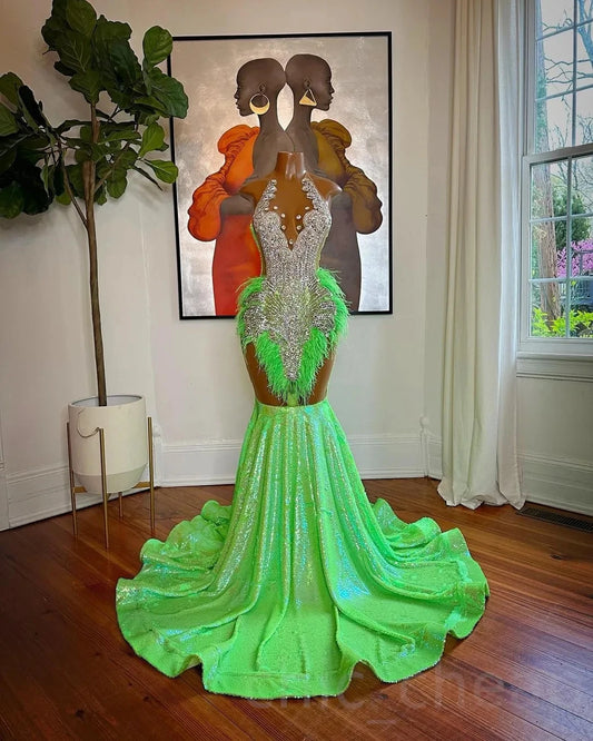 Green African American Prom Dresses Mermaid Sheer Sequins Beaded Black Girls Nigeria Robe De Soiree Evening Gown Customized