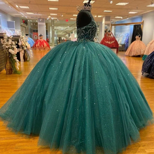 Glittering Dark Green Spaghetti Strap Princess Quinceanera Dresses Sequined Crystal Vestidos De 15 Años Birthday Party Ball Gown