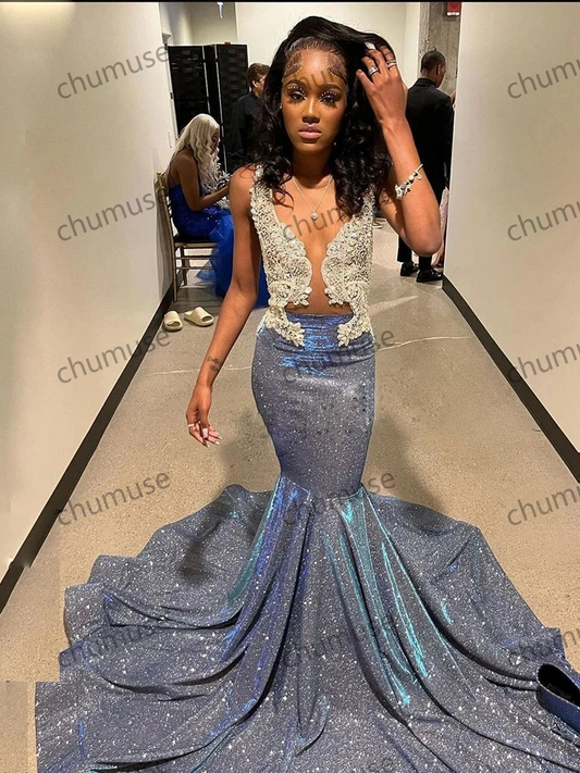 Glitter Blue Sequins Mermaid Prom Dresses Graduation Party