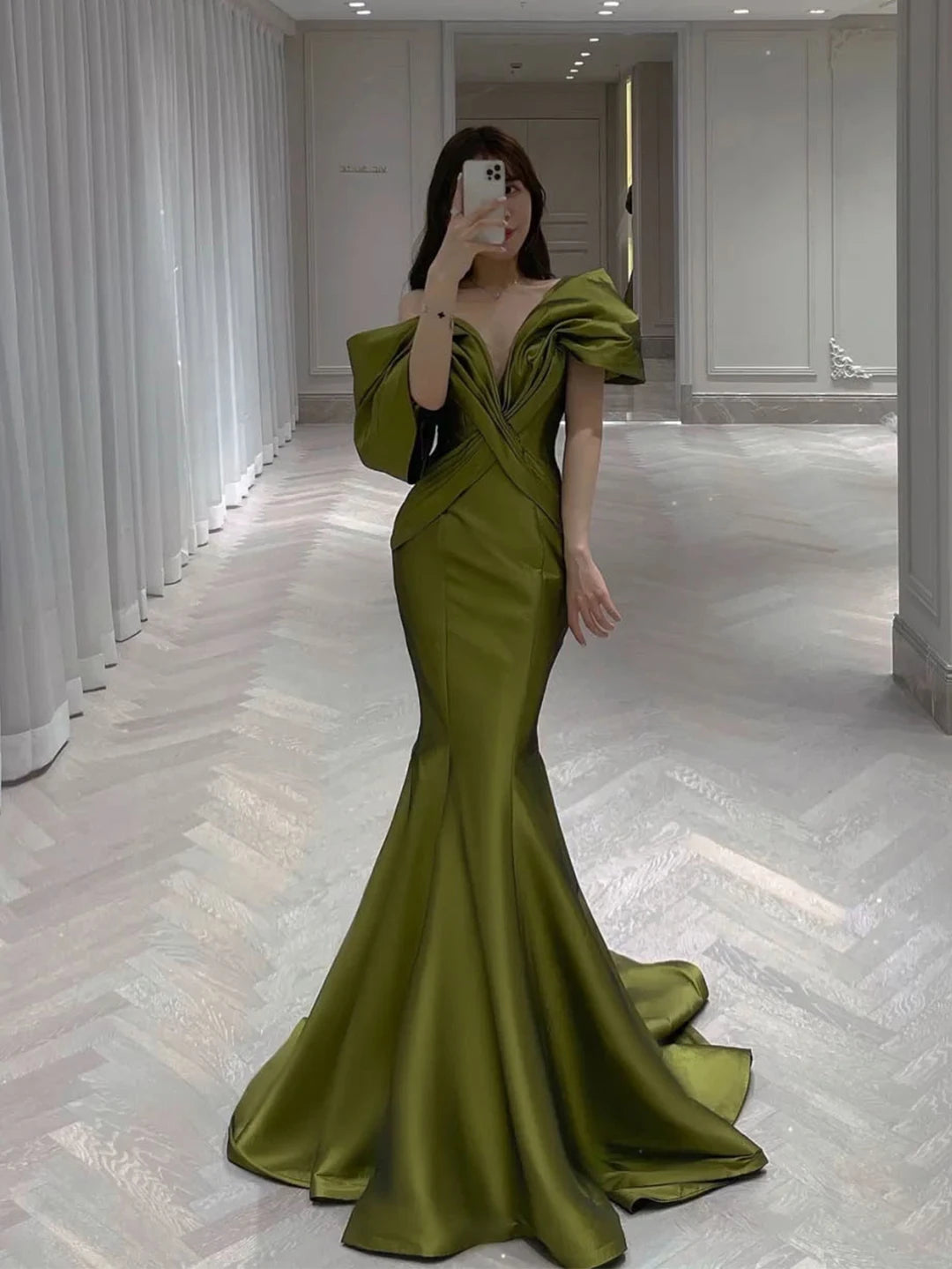 Green Silk Satin Mermaid Evening Dress Off The Shoulder Women Formal Prom Gowns Party Robes De Soiree Custom Made