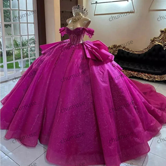 Fuchsia Tassel Princess Quinceanera Dresses Beaded Appliques Princess Dresses