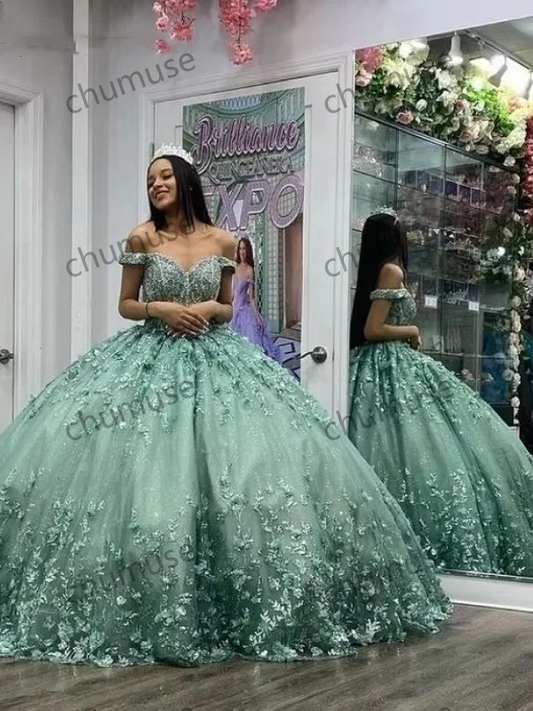 Sage Green Quinceanera Dress Ball Gown Sequins Lace Applique Beading Mexico Sweet 16