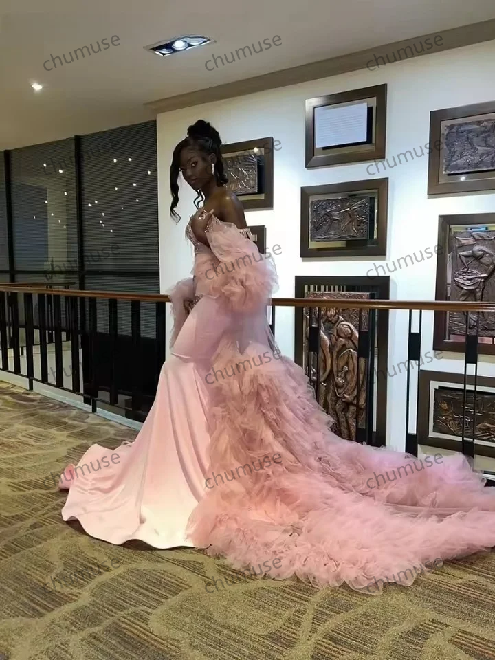 Customized Pink Long Prom Dress For Black Girls Beaded Crystal Mermaid Birthday Party Dress Evening Gown Cape