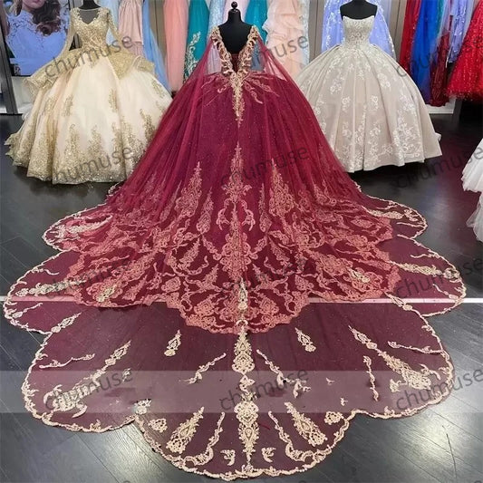 Burgundy Sequins Sweet 16 Quinceanera Dresses With Detached Cape