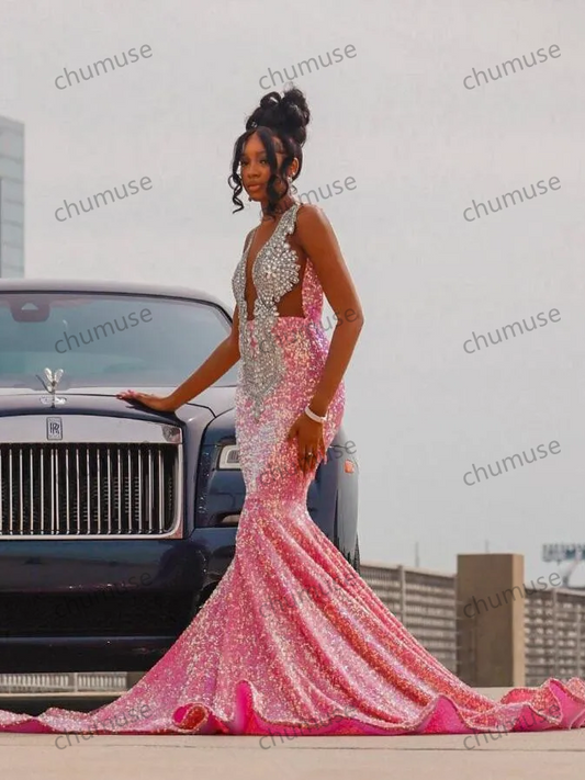 Pink Sparkly Long Mermaid Prom Ceremony Dresses for Black Girl Luxury Diamond Crystal Velvet Evening Birthday Gala Dress