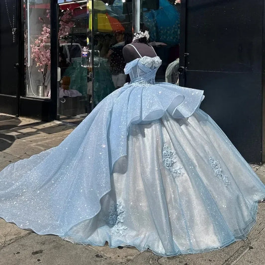 Sky Blue Sweetheart Quinceanera Dress Customized Appliques Sequins 3D Flowers Sweet 16 Princess Ball Gown Vestidos De 15 Anos