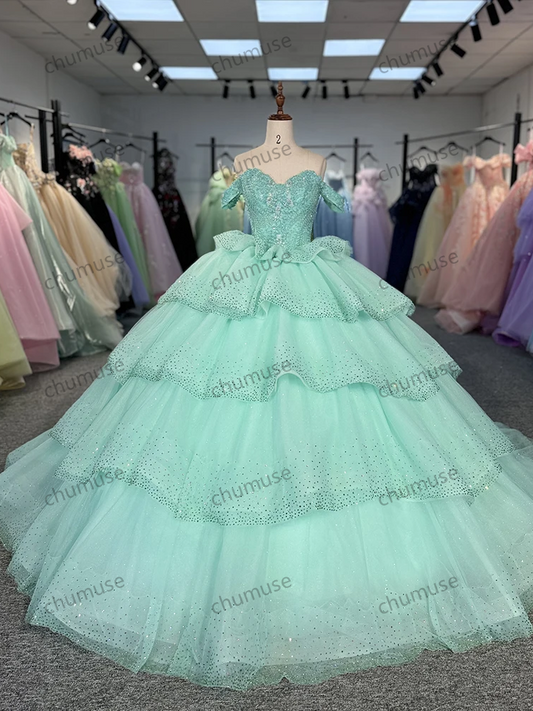 Sweet Customized Green Princess Ball Gown Quinceañera Dresses Bow Short Sleeves Beads Birthday Party For 15th Girls