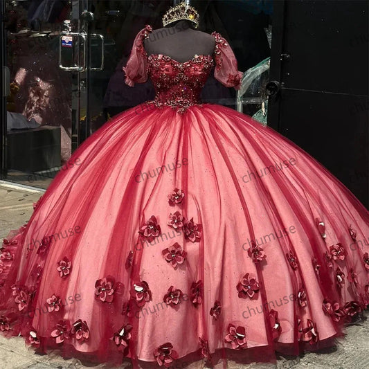 Burgundy Sweetheart Quinceanera Dresses 3D Flower Appliques Tulle Princess Ball Gown