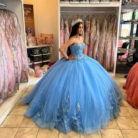 Blue Ball Gown Quinceanera Dresses Princess 15 Party Glitter Tulle Appliques Court Train Masquerade Cinderella Birthday Gowns