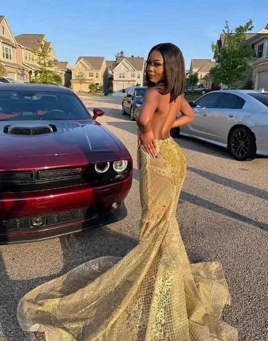 Sexy Gold Sequins Mermaid Prom Dresses Glitter Crystal Appliques Cutout Mermaid Evening Occasion Birthday Gowns Customised