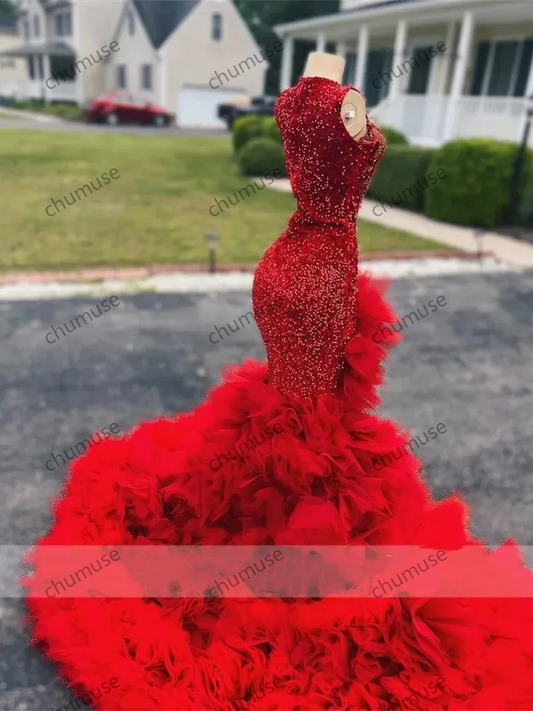 Red O Neck Long Prom Dress For Black Girls Beaded Appliques Birthday Party Dresses