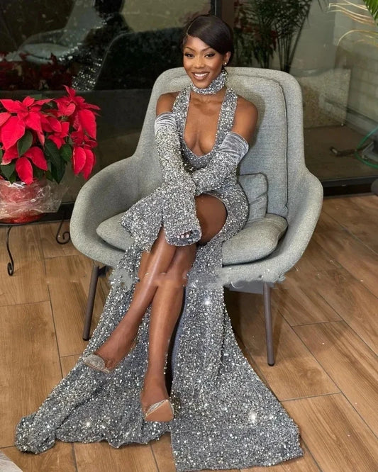 Customized Sexy Gray Sequins Prom Dresses African Women High Slit Evening Birthday Gowns Black Girls Robe De Soriee