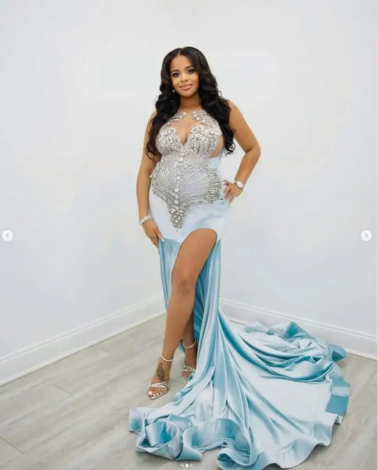 Sky Blue Sparkly Mermaid Evening Cocktail Dresses Customsized Luxury Diamond Sexy Slit Prom Birthday Gala Gown Outfit