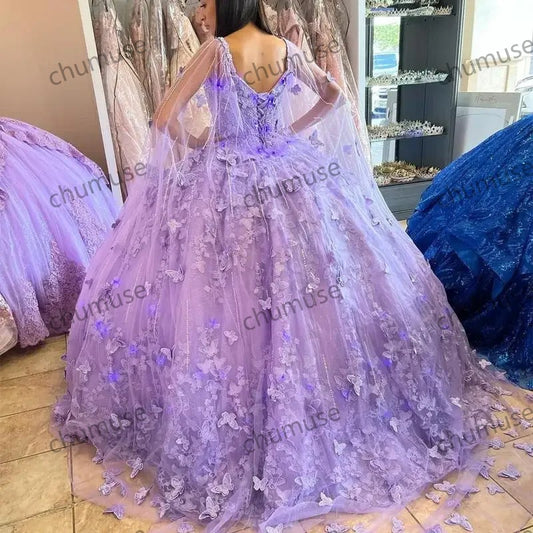 Lilac Lavender Princess Quinceanera Dresses Cape Puffy lace-up Sweet 15