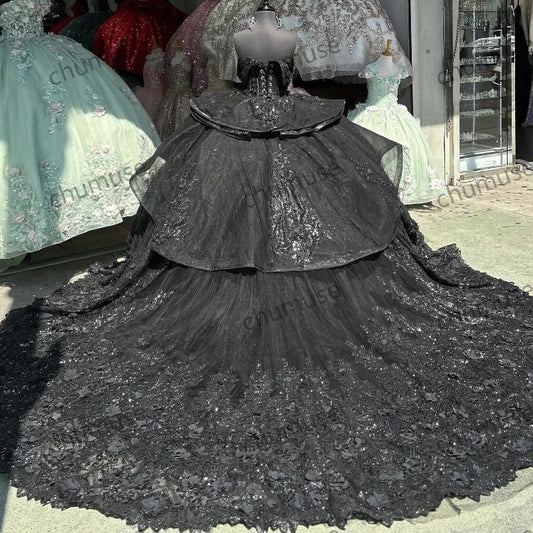 Black Quinceanera Dresses Vestido De 15 Años Bead Crystal Lace Appliques Sweet 16 Dress