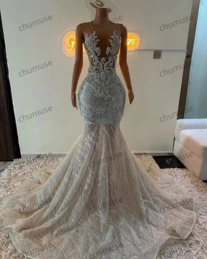 2025 Arabic Aso Ebi Plus Size Illusion Mermaid Ivory Wedding Dress Beaded Sequined Lace Bridal Party Gowns