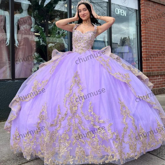 Lavender Sweetheart Princess Quinceanera Dresses Ball Gown Gold Lace Appliques