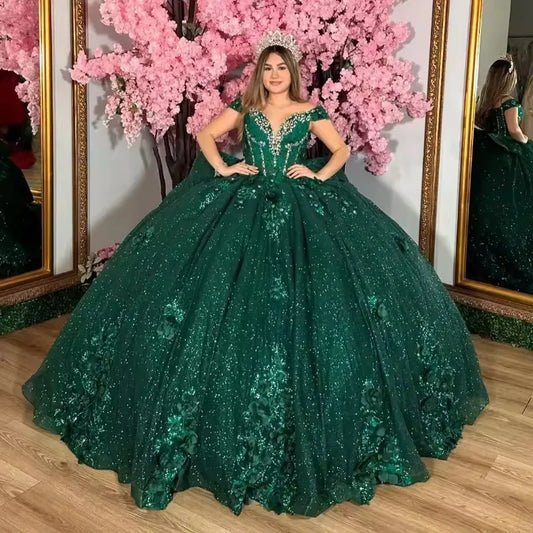 Customized Emerald Green Shiny Quinceanera Dresses Off Shoulder Princess Applique Flower Beads Tull Sweet 16 Birthday Party Gown