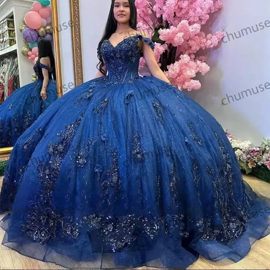 Royal Blue Shiny Quinceanera Dresses Ball Gown Lace Applique Flower Beads Tull Sweet 16 Dress