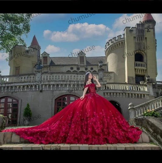 Sweet 15 Quinceanera Dress With 3D Floral Rhinestone Sequins Appliqus Tiered Tull Princess