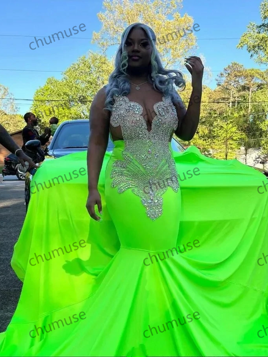 Green Sparkly Mermaid Prom Occasion Party Dresses for Black Girl Diamond Crystal