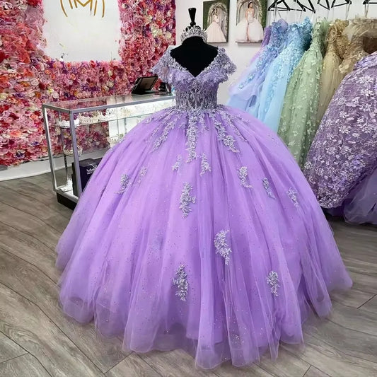 Luxury Lilac Lace Appliques Quinceanera Dresses for Girls Off the Shoulder Illusion Vestidos De 15 Quinceanera Customized