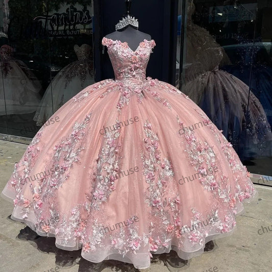 Pink Mexican Quinceanera Dresses 3D Floral Flowers Applique