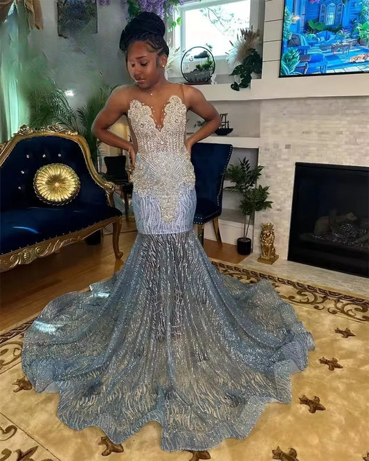 Blue Long Prom Dresses For Black Girls 2025 Beaded Evening Dress Celebrity Gown Crystal Diamond Birthday Party Gowns Customized