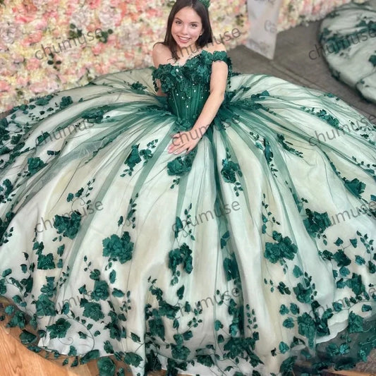 Green Off The Shoulder Quinceanera Dresses Tulle 3D Flower Beading Pageant Birthday